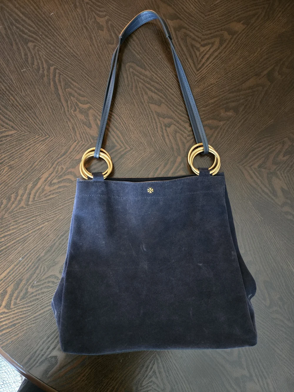 Tory Burch Navy Suede Shoulder Tote with Gold Ring Accents